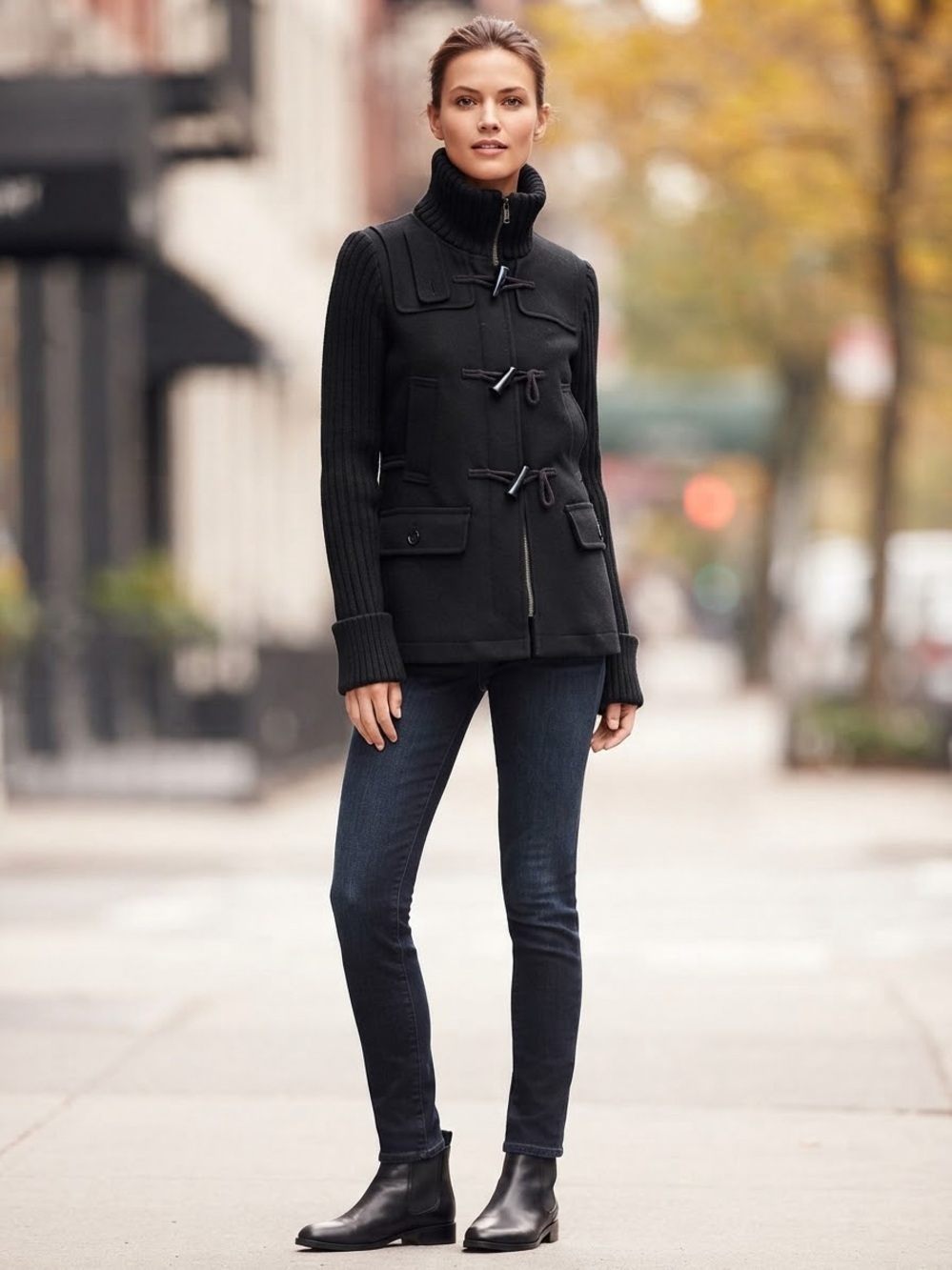 Gap Black Wool Blend Toggle Coat with Ribbed Knit Sleeves – Size Medium